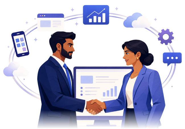 Topiko partners shaking hands with digital business tools around them