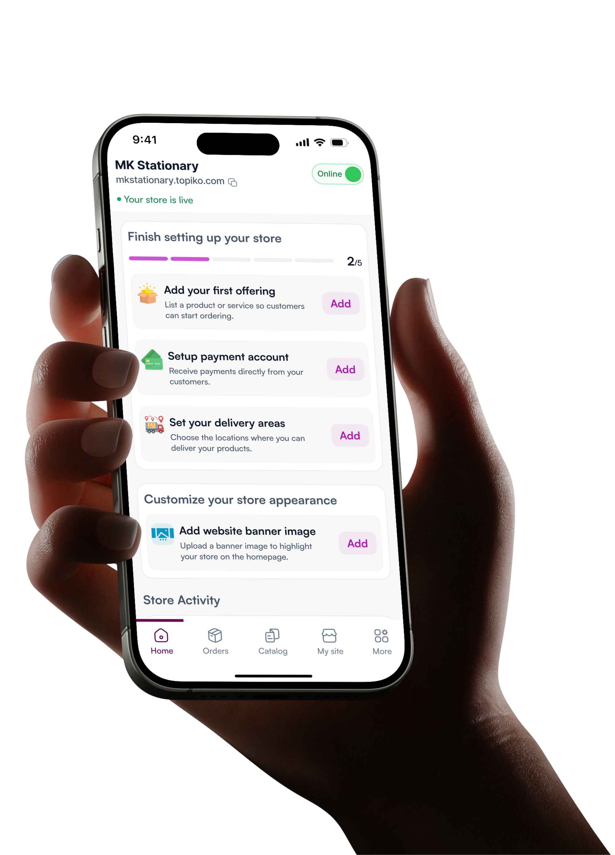 Topiko merchant dashboard screen shown on a phone